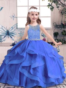 Beautiful Blue Lace Up Scoop Beading and Ruffles Kids Pageant Dress Tulle Sleeveless