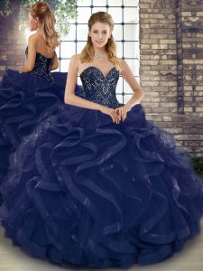 Navy Blue Ball Gowns Sweetheart Sleeveless Tulle Floor Length Lace Up Beading and Ruffles Party Dresses