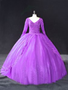Purple Quinceanera Gowns Sweet 16 and Quinceanera with Lace and Appliques V-neck Long Sleeves Lace Up
