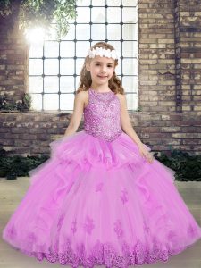 Lilac Lace Up Little Girls Pageant Dress Wholesale Lace and Appliques Sleeveless Floor Length