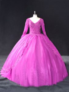 Floor Length Fuchsia Quinceanera Gowns Tulle Long Sleeves Lace and Appliques