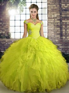 Glamorous Yellow Green Off The Shoulder Lace Up Beading and Ruffles 15 Quinceanera Dress Sleeveless