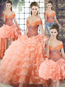 Graceful Peach Ball Gown Prom Dress Organza Brush Train Sleeveless Beading and Ruffled Layers