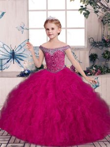 Fashion Fuchsia Ball Gowns Tulle Off The Shoulder Sleeveless Beading and Ruffles Floor Length Lace Up Kids Pageant Dress