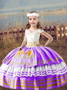 Amazing Lavender Ball Gowns Embroidery Child Pageant Dress Lace Up Satin Sleeveless Floor Length