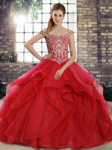 Sleeveless Beading and Ruffles Lace Up Sweet 16 Dresses with Red Brush Train