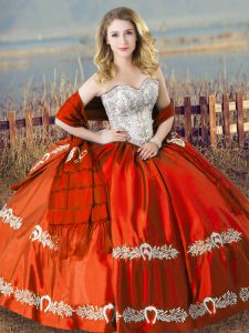 Orange Red Satin Lace Up Vestidos de Quinceanera Sleeveless Floor Length Beading and Embroidery