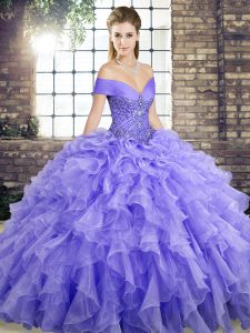Wonderful Sleeveless Organza Brush Train Lace Up Quince Ball Gowns in Lavender with Beading and Ruffles