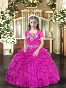 Straps Sleeveless Lace Up Pageant Gowns For Girls Fuchsia Tulle