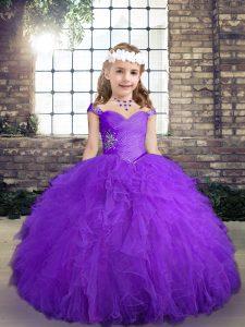 Hot Sale Floor Length Ball Gowns Sleeveless Purple Little Girls Pageant Dress Lace Up