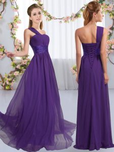 Charming Purple One Shoulder Lace Up Ruching Quinceanera Court of Honor Dress Sleeveless