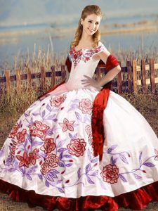 Satin Sleeveless Floor Length 15 Quinceanera Dress and Embroidery and Ruffles