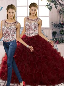 Customized Burgundy Scoop Lace Up Beading and Ruffles Quince Ball Gowns Sleeveless