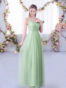 Apple Green Tulle Side Zipper Damas Dress Sleeveless Floor Length Lace and Belt