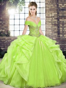 Yellow Green Ball Gowns Beading and Ruffles 15 Quinceanera Dress Lace Up Organza Sleeveless Floor Length