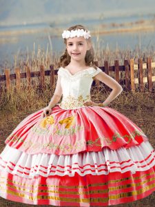 Watermelon Red Lace Up Off The Shoulder Embroidery Pageant Gowns For Girls Satin Sleeveless