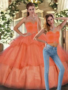 Flirting Sleeveless Floor Length Ruffled Layers Lace Up 15 Quinceanera Dress with Orange