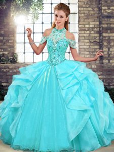 Beauteous Aqua Blue Sleeveless Organza Lace Up Quinceanera Dresses for Military Ball and Sweet 16 and Quinceanera