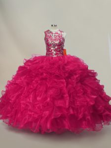 High Class Sleeveless Floor Length Ruffles and Sequins Lace Up Quinceanera Dresses with Hot Pink