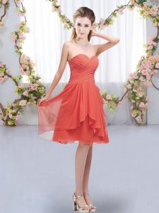 Fabulous Coral Red Chiffon Lace Up Sweetheart Sleeveless Knee Length Dama Dress for Quinceanera Ruffles and Ruching