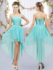 Traditional Chiffon Sleeveless High Low Quinceanera Court Dresses and Beading