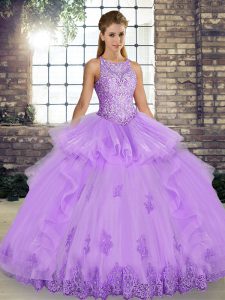 New Style Tulle Scoop Sleeveless Lace Up Lace and Embroidery and Ruffles Sweet 16 Dress in Lavender