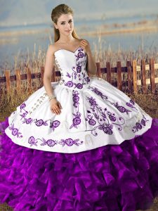 Simple Floor Length White And Purple Sweet 16 Dress Sweetheart Sleeveless Lace Up