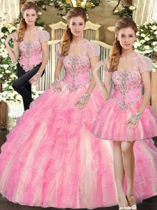 Custom Made Beading and Ruffles 15th Birthday Dress Baby Pink Lace Up Sleeveless Floor Length