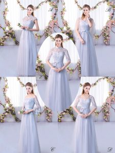 Charming Grey Dama Dress Wedding Party with Lace High-neck Cap Sleeves Lace Up