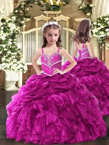New Arrival Fuchsia Sleeveless Organza Lace Up Little Girls Pageant Dress for Party and Sweet 16 and Wedding Party