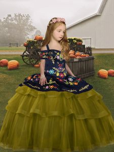 Floor Length Olive Green Little Girls Pageant Dress Wholesale Tulle Sleeveless Embroidery and Ruffled Layers