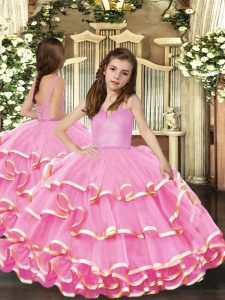 Most Popular Organza Straps Sleeveless Lace Up Beading and Ruffled Layers Pageant Dress Wholesale in Pink