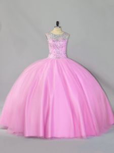 Free and Easy Baby Pink Ball Gowns Sequins Quince Ball Gowns Zipper Tulle Sleeveless Floor Length