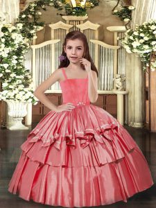 Floor Length Coral Red Girls Pageant Dresses Taffeta Sleeveless Ruffled Layers