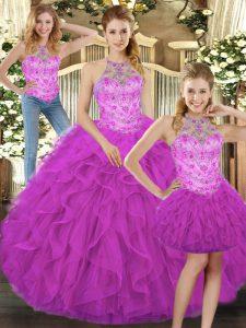 Luxury Fuchsia Tulle Lace Up Quinceanera Dresses Sleeveless Floor Length Beading and Ruffles
