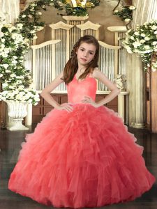 Classical Coral Red Straps Neckline Ruffles Little Girl Pageant Gowns Sleeveless Lace Up