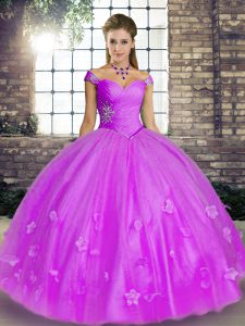 Fine Lavender Quinceanera Dresses Military Ball and Sweet 16 and Quinceanera with Beading and Appliques Off The Shoulder Sleeveless Lace Up