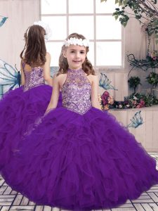 Purple High-neck Lace Up Beading and Ruffles Little Girls Pageant Dress Sleeveless