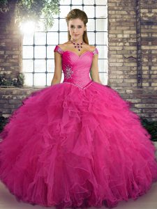 Hot Pink Sleeveless Tulle Lace Up Quinceanera Gowns for Military Ball and Sweet 16 and Quinceanera