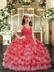 High Class Coral Red V-neck Neckline Ruffles and Ruffled Layers Child Pageant Dress Sleeveless Zipper