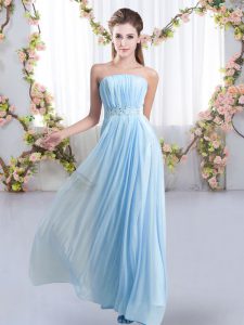 Baby Blue Dama Dress for Quinceanera Wedding Party with Beading Strapless Sleeveless Sweep Train Lace Up
