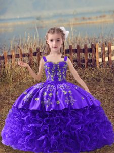 Low Price Straps Sleeveless Girls Pageant Dresses Sweep Train Embroidery Purple Fabric With Rolling Flowers