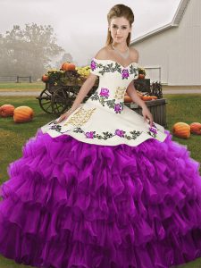 White And Purple Quinceanera Dresses Military Ball and Sweet 16 and Quinceanera with Embroidery and Ruffled Layers Off The Shoulder Sleeveless Lace Up
