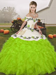 Custom Fit Organza Off The Shoulder Sleeveless Lace Up Embroidery and Ruffles Quinceanera Gowns in Yellow Green