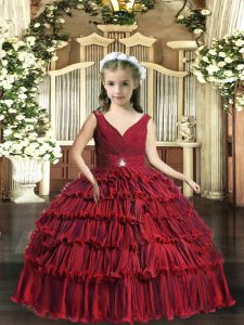 Unique Red Backless Kids Pageant Dress Beading and Ruffled Layers Sleeveless Floor Length