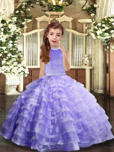 Best Lavender Child Pageant Dress Party and Sweet 16 and Wedding Party with Beading and Ruffled Layers Halter Top Sleeveless Backless
