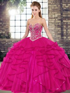 Fuchsia Tulle Lace Up Sweetheart Sleeveless Floor Length Quinceanera Dress Beading and Ruffles