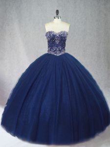 Best Selling Ball Gowns Sweet 16 Quinceanera Dress Navy Blue Sweetheart Tulle Sleeveless Floor Length Lace Up