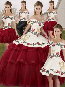 Fitting Wine Red 15 Quinceanera Dress Tulle Brush Train Sleeveless Embroidery and Ruffled Layers