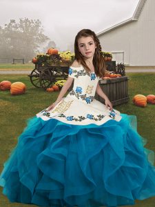 Blue Organza Lace Up Straps Sleeveless Floor Length Little Girls Pageant Dress Embroidery and Ruffles